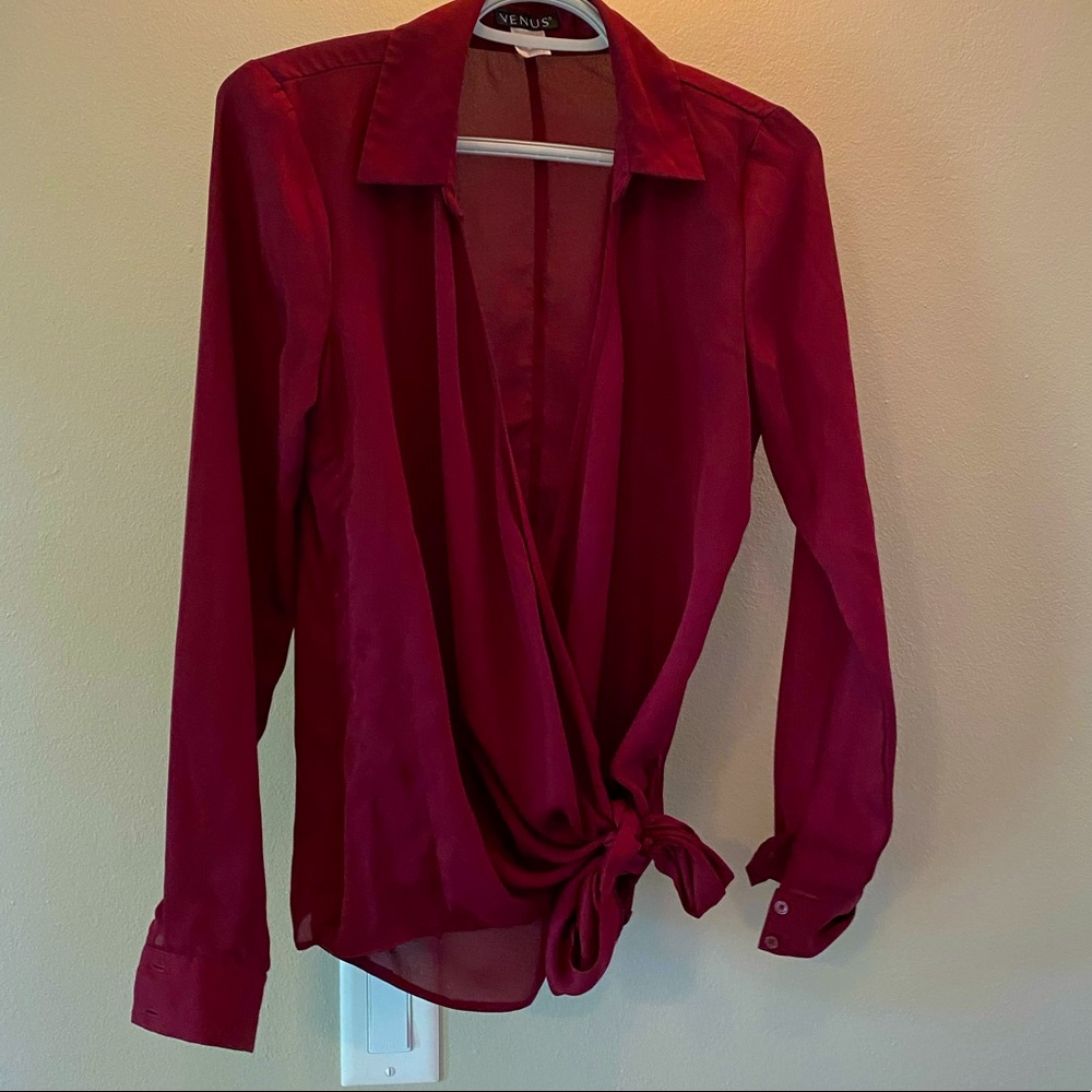 Long Sleeve, Deep V, Tied Blouse - Small